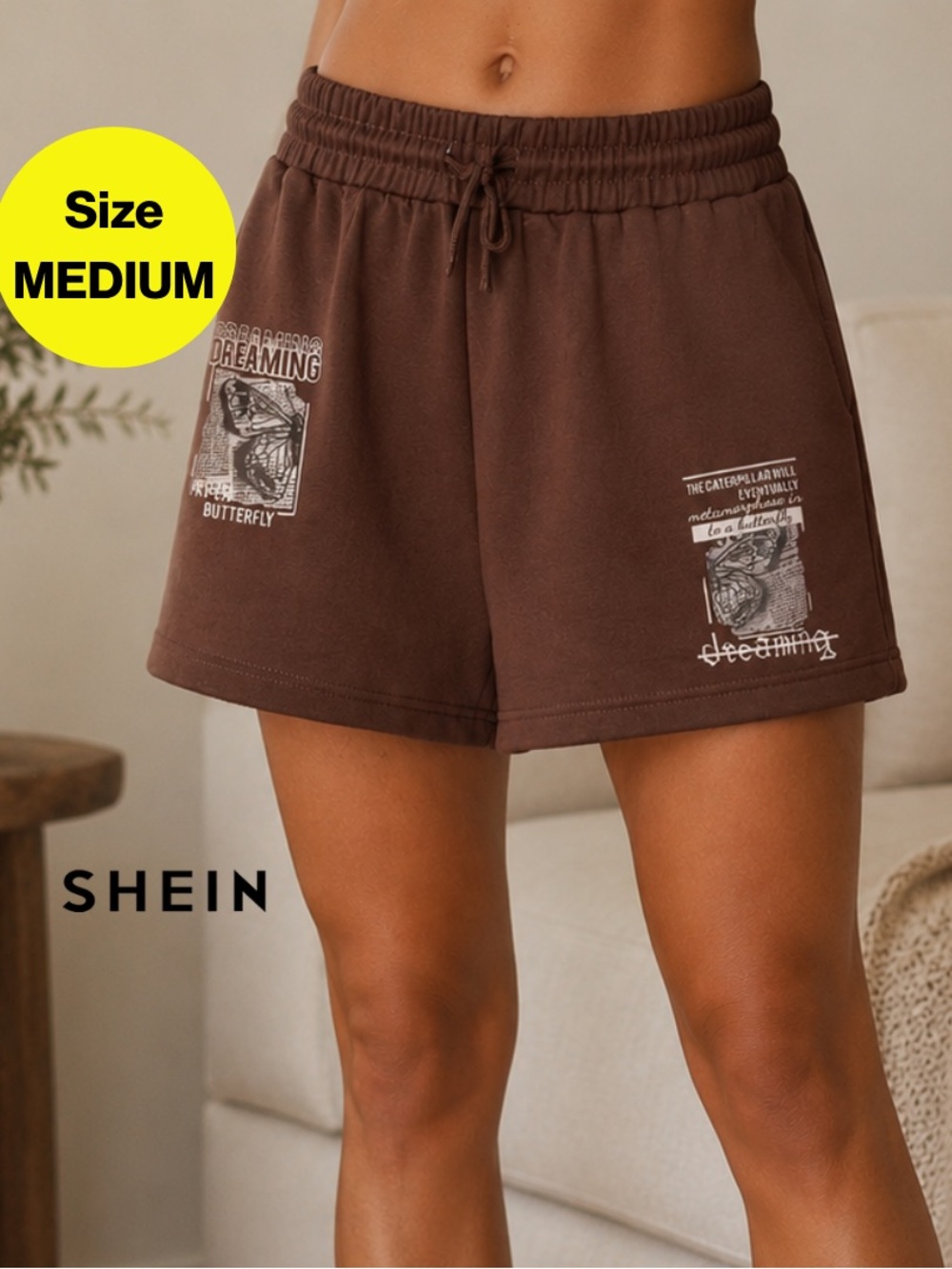 3/for $15 🍒 SHEIN Brown Graphic Drawstring Athletic Shorts (Women’s Size Medium)